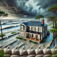 A coastal home in Beaufort County, North Carolina, with storm clouds and strong winds approaching from an incoming hurricane. The house is elevated on a raised foundation with sandbags protecting the doors, and turbulent ocean waves can be seen in the background. This image emphasizes the need for proper home insurance in a hurricane-prone coastal area.