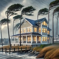 Coastal home in Beaufort County, North Carolina, with dark storm clouds and strong winds approaching, illustrating the importance of wind and hail insurance. The house is protected with sturdy siding and windows, with trees swaying in the wind and debris flying in the air near the waterfront.