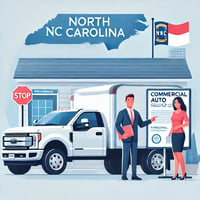 Illustration of a commercial vehicle parked outside a North Carolina business with two people discussing insurance policies with an agent, showing both personal and commercial auto insurance documents.