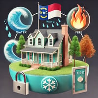 A North Carolina home surrounded by water, wind, and fire symbols, representing common home insurance claims and how to prevent them.