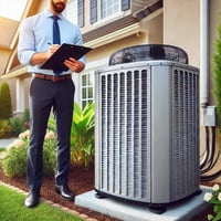 Insurance agent inspecting a central air conditioning unit outside a suburban home, with clipboard in hand, checking the unit's condition in a clean, well-maintained setting.