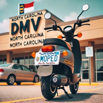 Close-up of a moped parked outside a DMV office with a blank license plate, highlighting North Carolina moped registration and compliance with state laws.