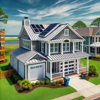 A picturesque coastal home in New Bern, North Carolina, featuring durable impact-resistant roofing and storm shutters, surrounded by a serene green yard and clear blue skies. The home reflects preparedness for wind and hail in a peaceful neighborhood.