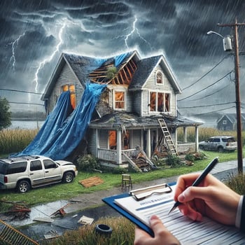 A New Bern, NC home after a storm with a damaged roof covered by tarps, broken windows, scattered debris, and an insurance adjuster documenting the damage, emphasizing the importance of filing storm insurance claims.