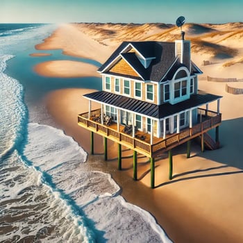 Coastal home in the Outer Banks, North Carolina, elevated on stilts with ocean waves and sand dunes in the background, highlighting the need for flood and wind insurance in high-risk coastal areas.