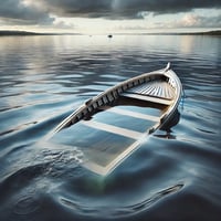 A small boat partially submerged and sinking in calm water, with water filling the interior and spilling over the edges, under a cloudy sky with a distant shoreline visible.