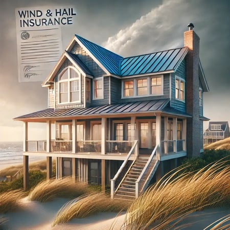 Coastal North Carolina home with storm shutters and a reinforced roof, set against a cloudy sky, symbolizing protection against wind and hail damage with proper insurance coverage.