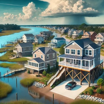 A coastal neighborhood in New Bern, NC, with homes near a calm waterfront, featuring storm shutters and elevated foundations to highlight preparedness for coastal living.