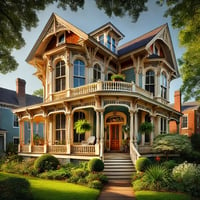 A beautifully preserved historic home in New Bern, NC, with a large porch, intricate woodwork, and vintage windows, surrounded by a lush garden under a clear blue sky.