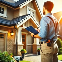 Home insurance inspector with clipboard examining the exterior of a well-maintained suburban house, including roof, siding, and security features, on a clear day.