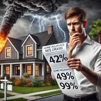 A worried homeowner stands in front of their house, holding a bill with large percentages like "42%" and "99%" visible. The background features dark storm clouds and lightning, symbolizing rising home insurance rates in North Carolina due to storm risks and inflation. The suburban home shows signs of storm damage, highlighting the financial pressures on homeowners in coastal areas.