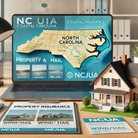 Professional insurance agency desk with NC coastal property map, model house, and brochures, highlighting NCJUA and NCIUA coverage areas.