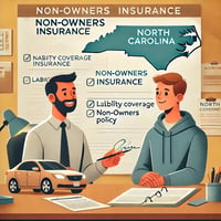 Illustration of an insurance agent discussing non-owners insurance with a driver in North Carolina, featuring paperwork with terms like 'liability coverage' and a North Carolina state map in the background.