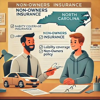 Illustration of an insurance agent discussing non-owners insurance with a driver in North Carolina, featuring paperwork with terms like 'liability coverage' and a North Carolina state map in the background.