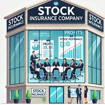 Illustration of a stock insurance company building with a boardroom of shareholders discussing profits and growth, with graphs and charts visible. The building has a sign that reads 'Stock Insurance Company,' and a group of policyholders is shown outside.