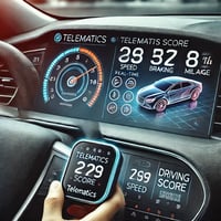 Car dashboard with a telematics device displaying real-time driving data like speed, mileage, and driving score.