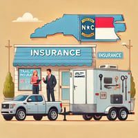 llustration of a utility trailer attached to a car with two people discussing trailer insurance outside an insurance office in North Carolina, showing tools and equipment in the trailer.