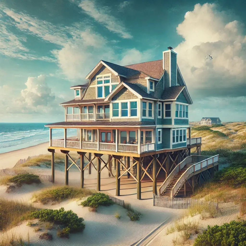 Coastal home on a North Carolina beach raised on stilts, with large windows and a porch overlooking sand dunes and ocean waves, highlighting the need for beach home insurance and flood protection.