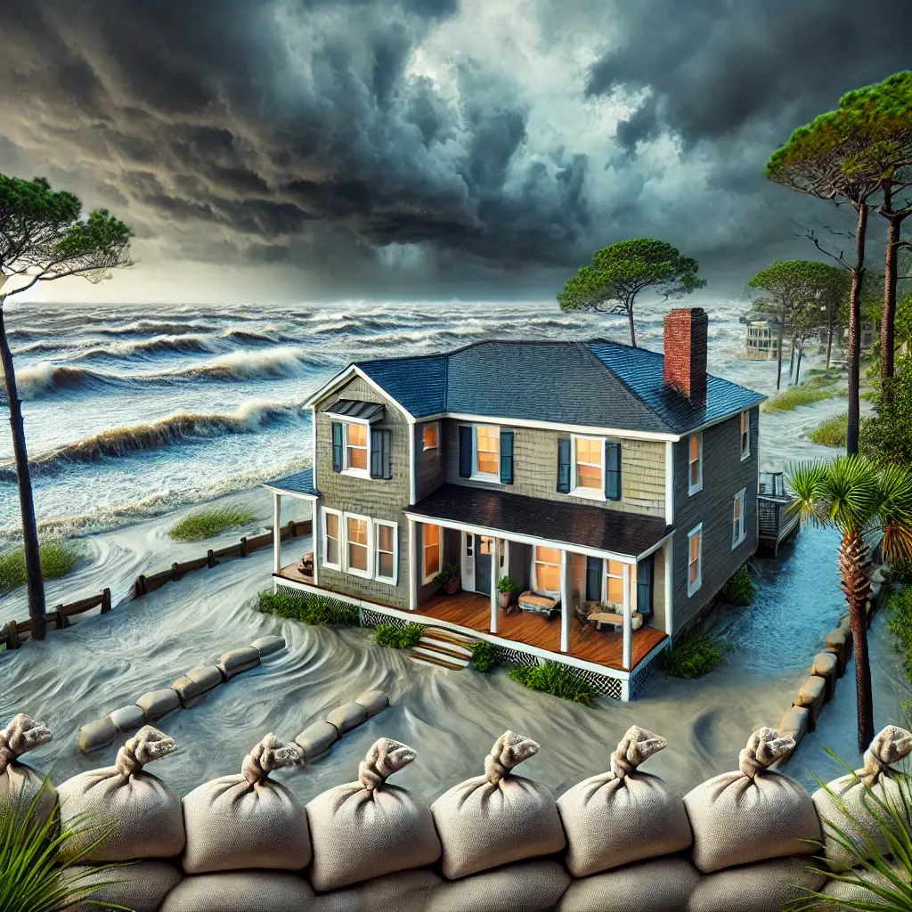 A coastal home in Beaufort County, North Carolina, with storm clouds and strong winds approaching from an incoming hurricane. The house is elevated on a raised foundation with sandbags protecting the doors, and turbulent ocean waves can be seen in the background. This image emphasizes the need for proper home insurance in a hurricane-prone coastal area.