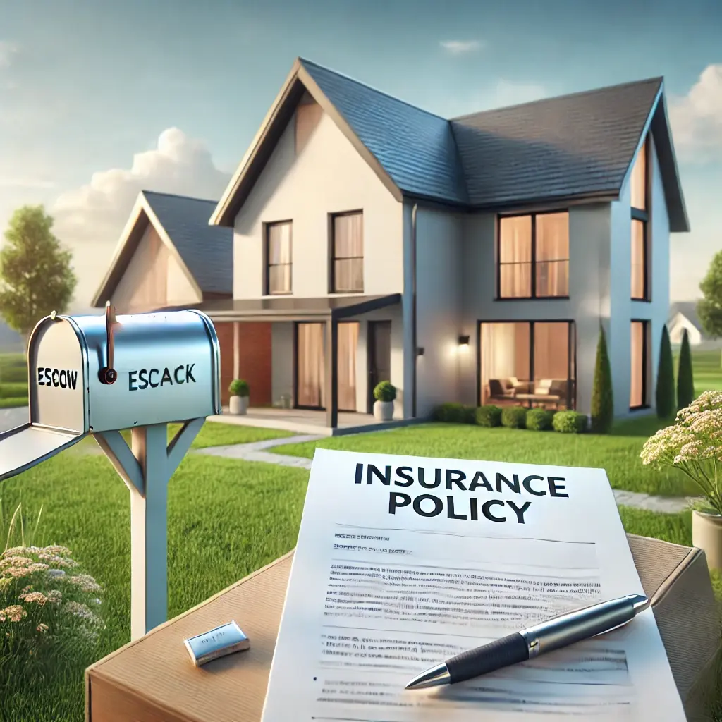 A modern house with a clear blue sky, a document labeled "Insurance Policy" near a mailbox, symbolizing the process of switching home insurance. The cozy house is surrounded by green lawns and trees, with a subtle icon representing escrow in the background.