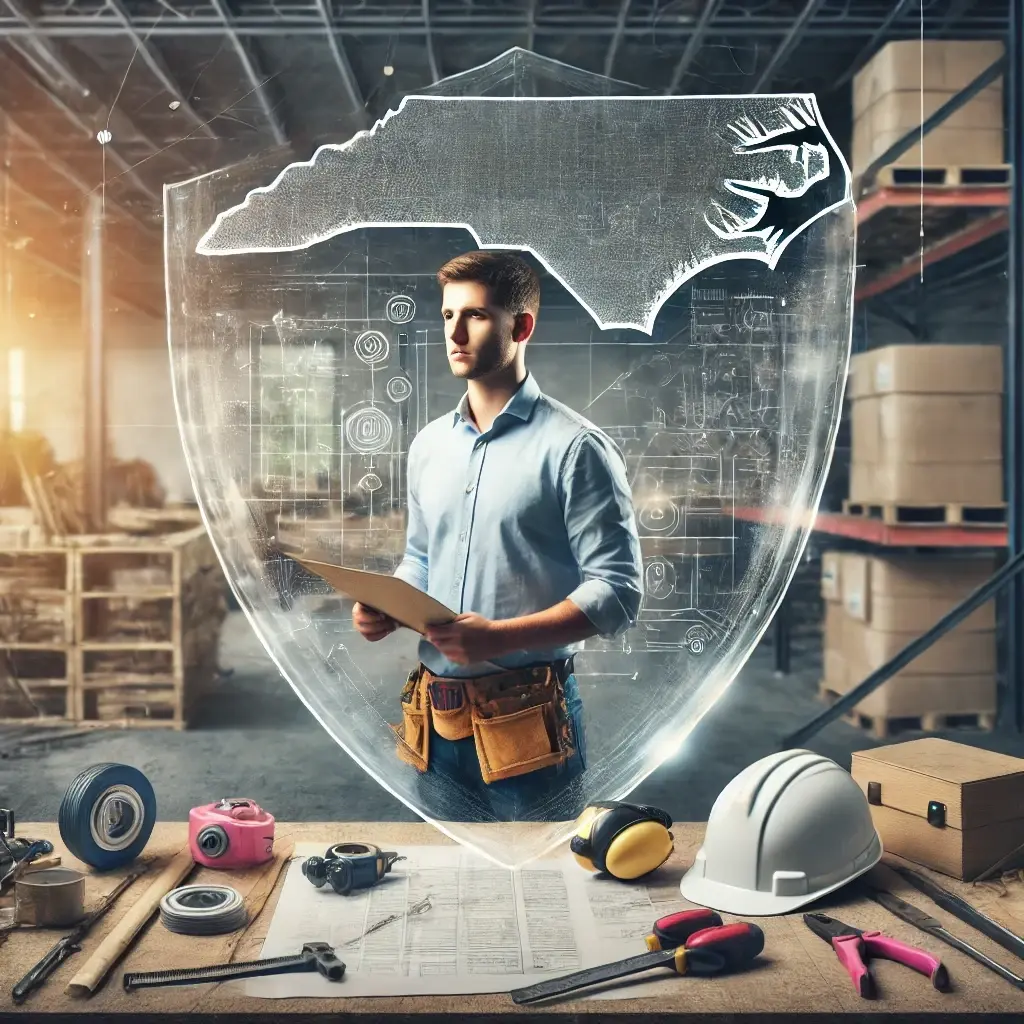 North Carolina contractor on a construction job site with tools and equipment, symbolizing general liability insurance coverage for protection against job-related risks.