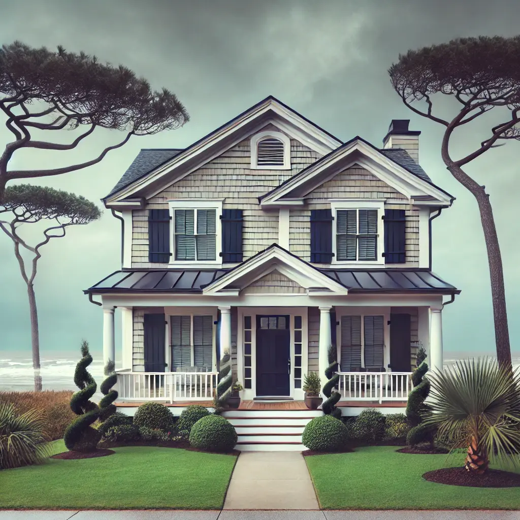 A coastal home in New Bern, NC, featuring storm shutters, a reinforced door, and a tidy yard with trimmed trees, set against an overcast sky with the Atlantic Ocean in the distance, showcasing hurricane preparedness.