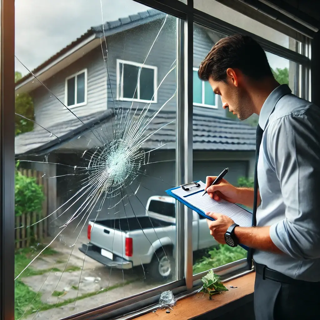 Insurance agent inspecting a broken residential window damaged by a storm, with clipboard in hand, assessing for an insurance claim. Scattered leaves and branches around indicate storm aftermath.