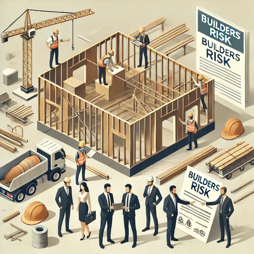 Illustration of a construction site with a partially built structure, showing a project owner, contractor, and lender discussing builders risk insurance. The scene includes construction equipment, materials, and an insurance policy document.