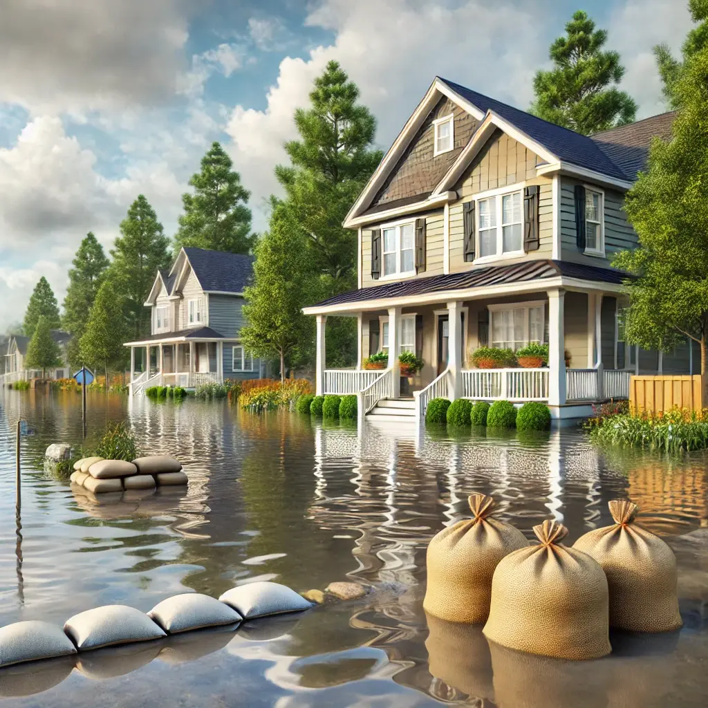 A New Bern, NC neighborhood during a mild flood, with water rising below the porch level of homes. The scene includes sandbags and small flood barriers under cloudy skies, highlighting the importance of flood preparedness and insurance.