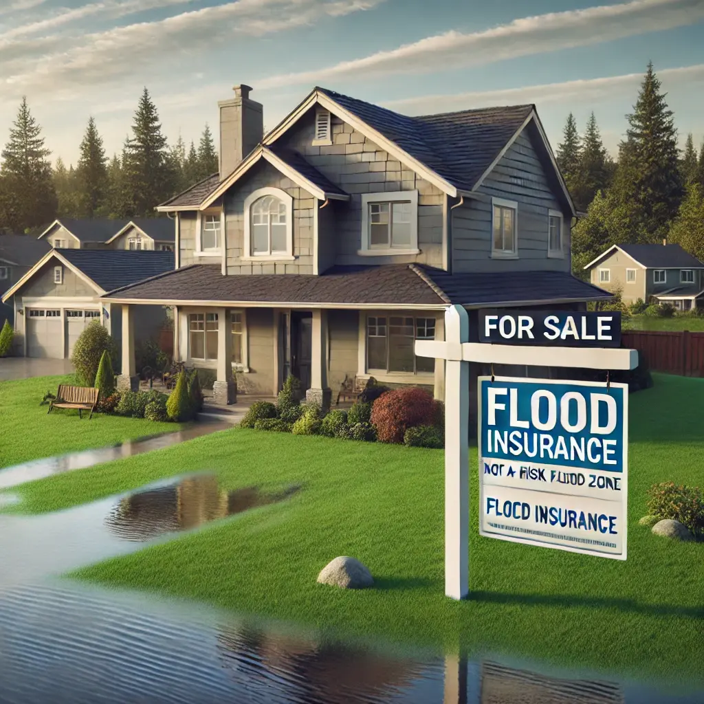 A suburban home with a waterline on the lawn, indicating past flooding. The house is in a calm neighborhood under clear skies, with a sign in the yard promoting flood insurance preparedness.