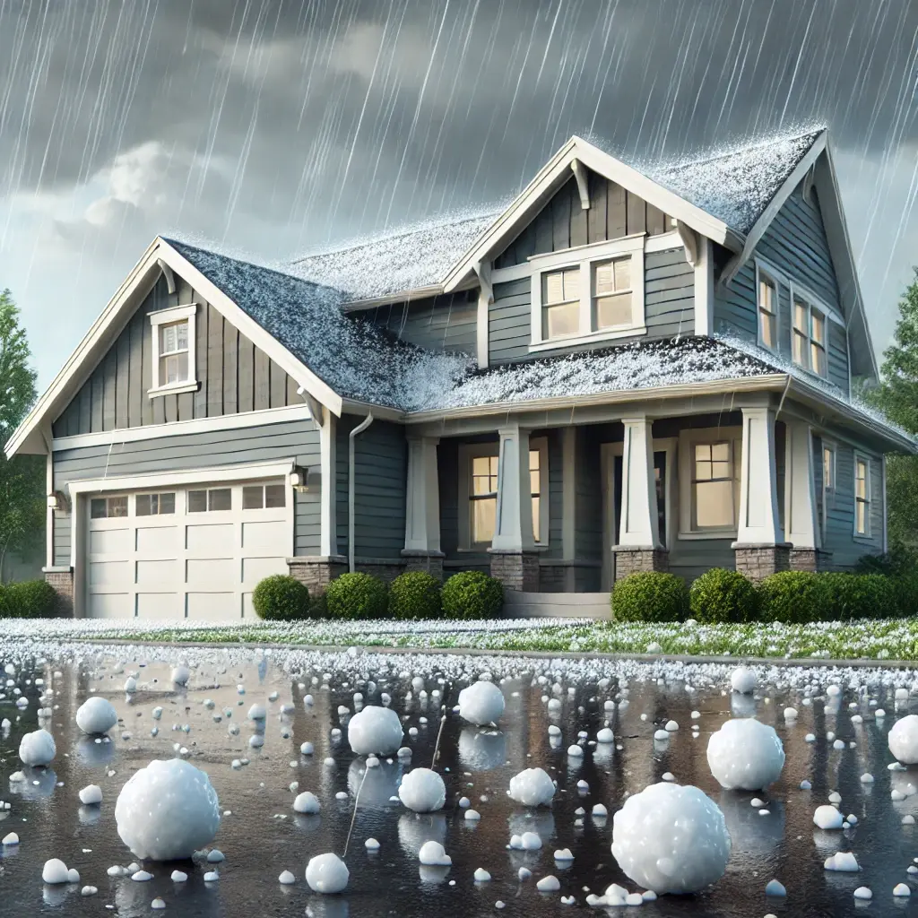 A suburban home with visible hail damage on the roof and siding, with scattered hailstones on the ground after a severe storm, illustrating the impact of hail damage.