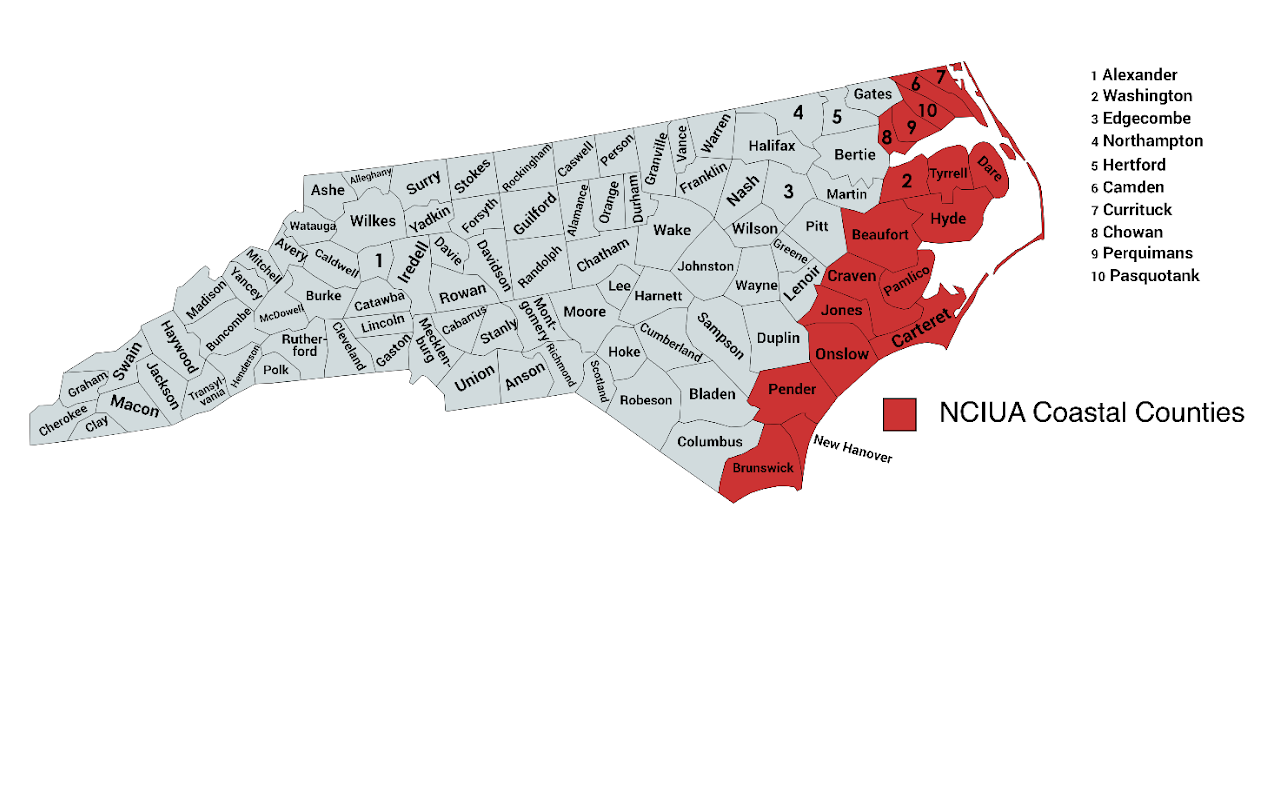 Map of North Carolina highlighting NCIUA-designated coastal counties in red, showing areas where specialized wind and hail insurance coverage may be required.