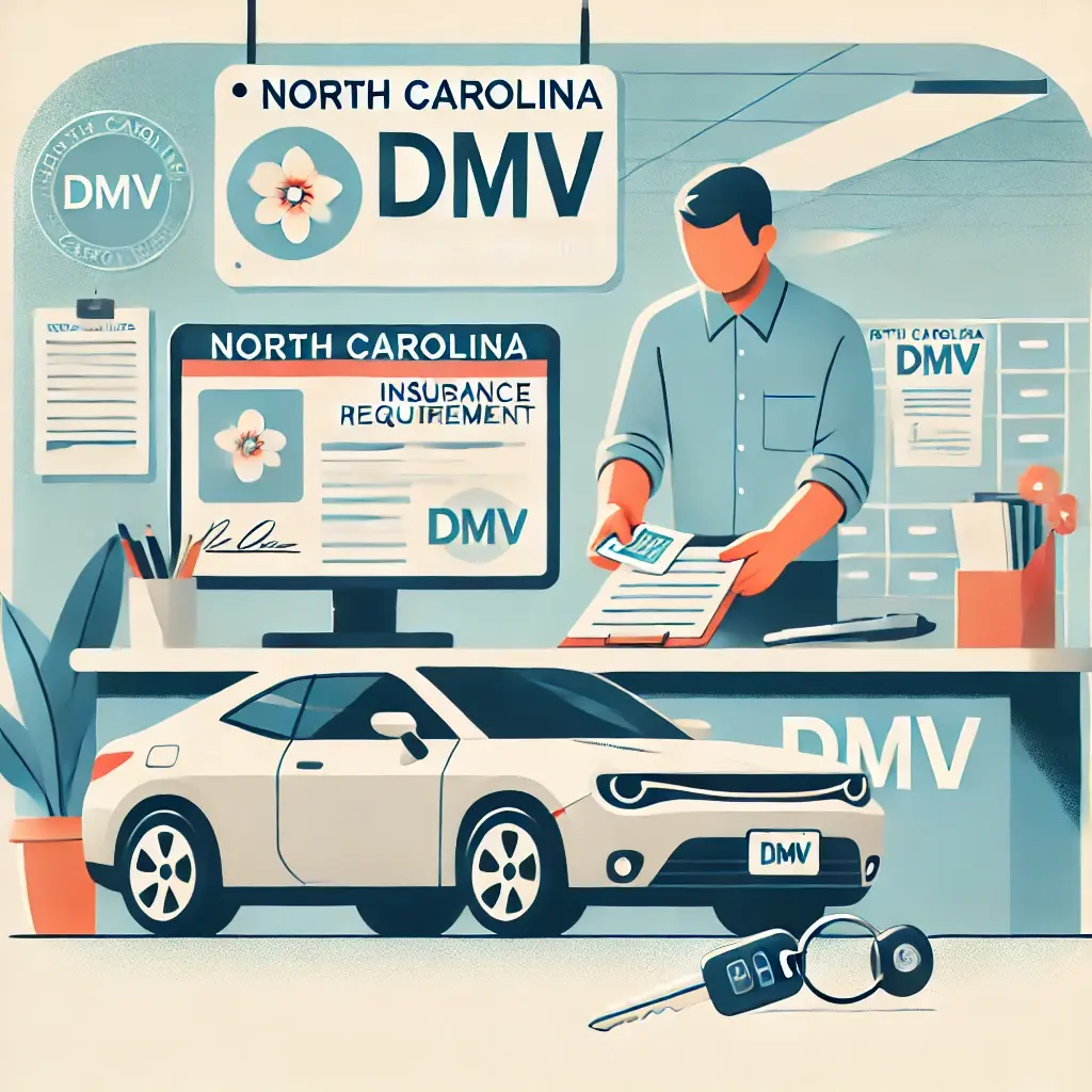 Illustration of a person registering a car at the North Carolina DMV, displaying car keys, insurance card, documents, and a North Carolina license plate in a welcoming DMV office setting.