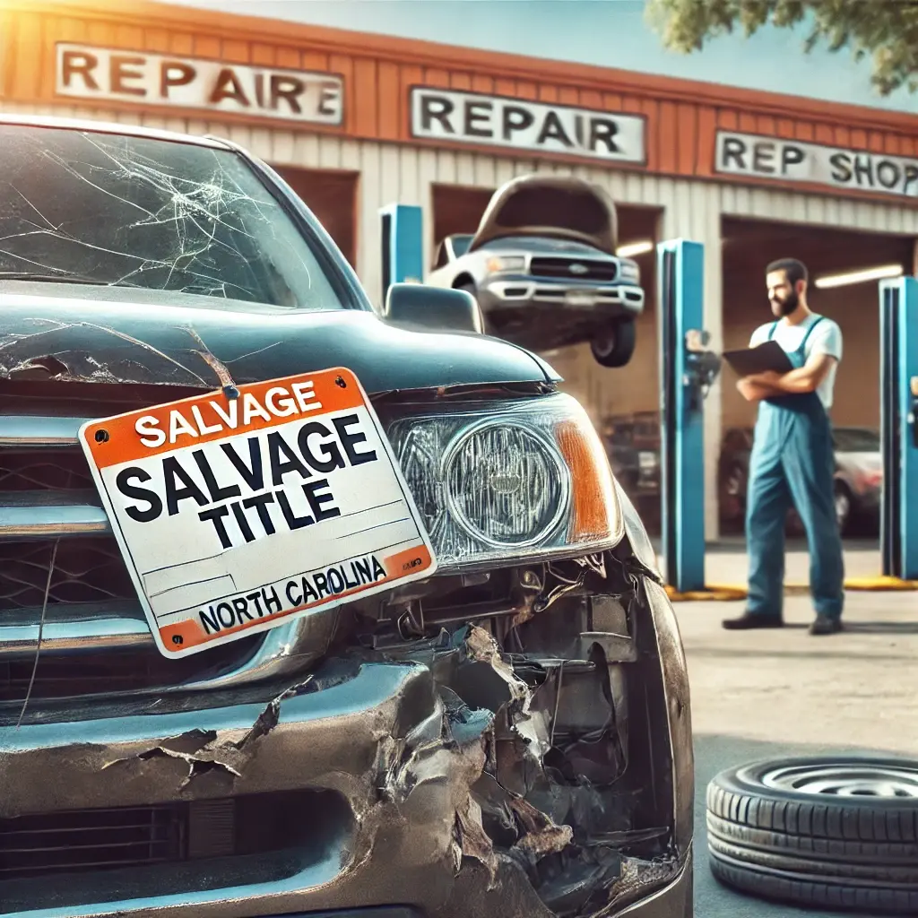 Damaged car with a 'salvage title' tag parked outside a North Carolina repair shop, highlighting the inspection and repair process for salvage title vehicles.